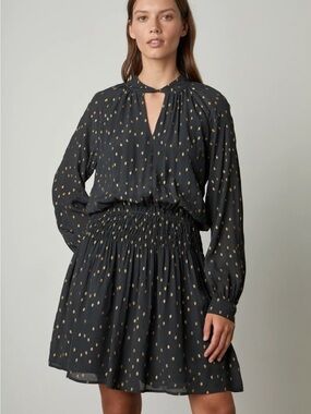 Velvet Black Dress with Gold Dot Print and Smocked Waist
